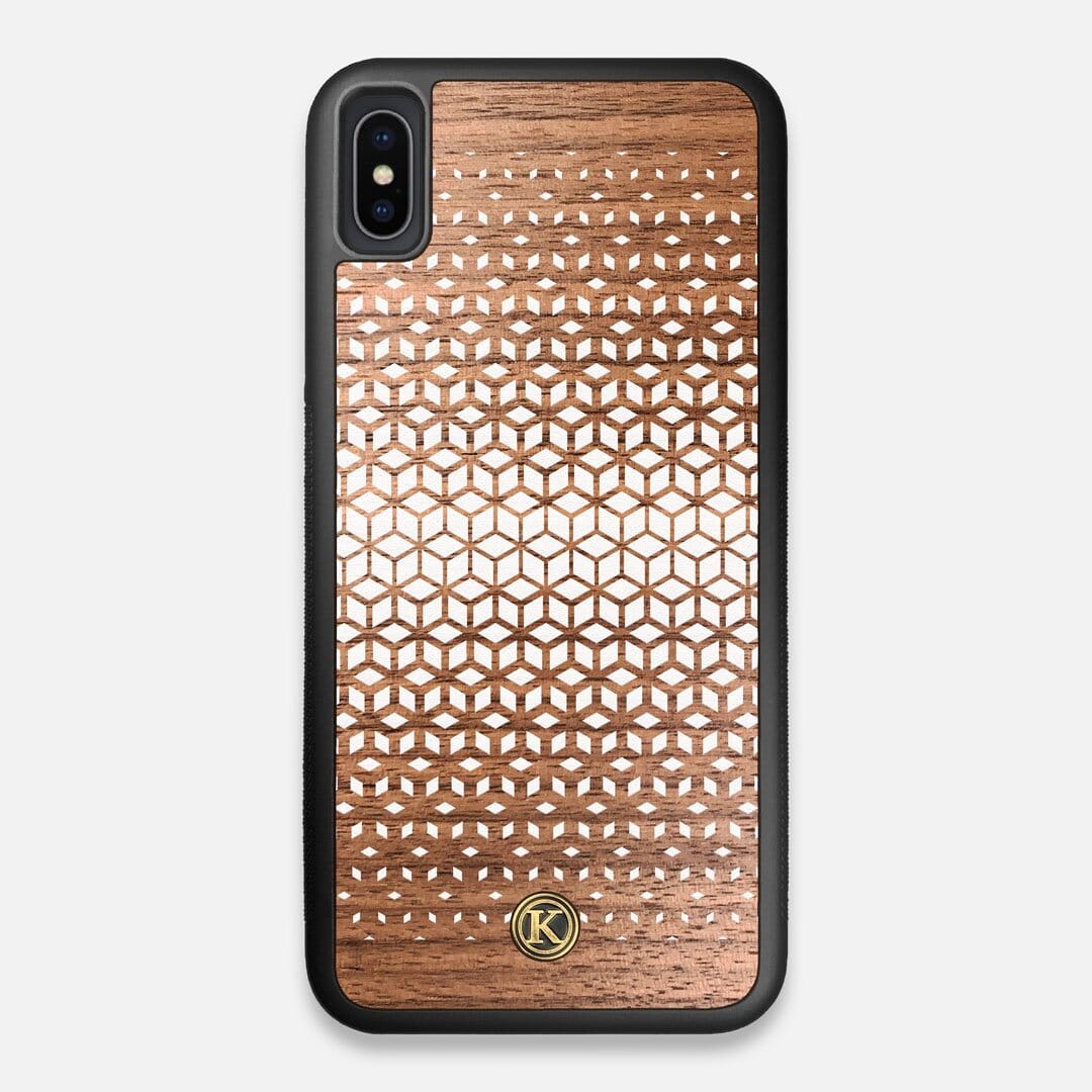 Front view of the white ink geometric gradient printed on Walnut wood iPhone XS Max Case by Keyway Designs