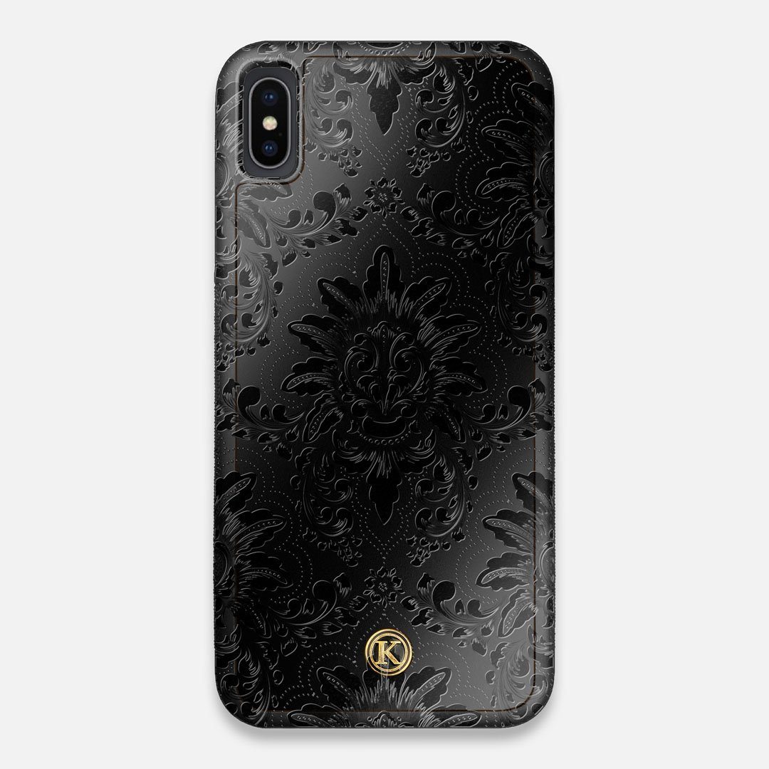 Front view of the detailed gloss Damask pattern printed on matte black impact acrylic iPhone XS Max Case by Keyway Designs