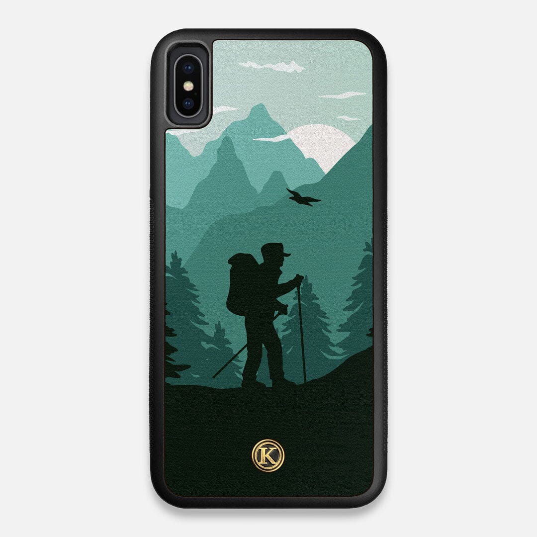 Front view of the stylized mountain hiker print on Wenge wood iPhone XS Max Case by Keyway Designs