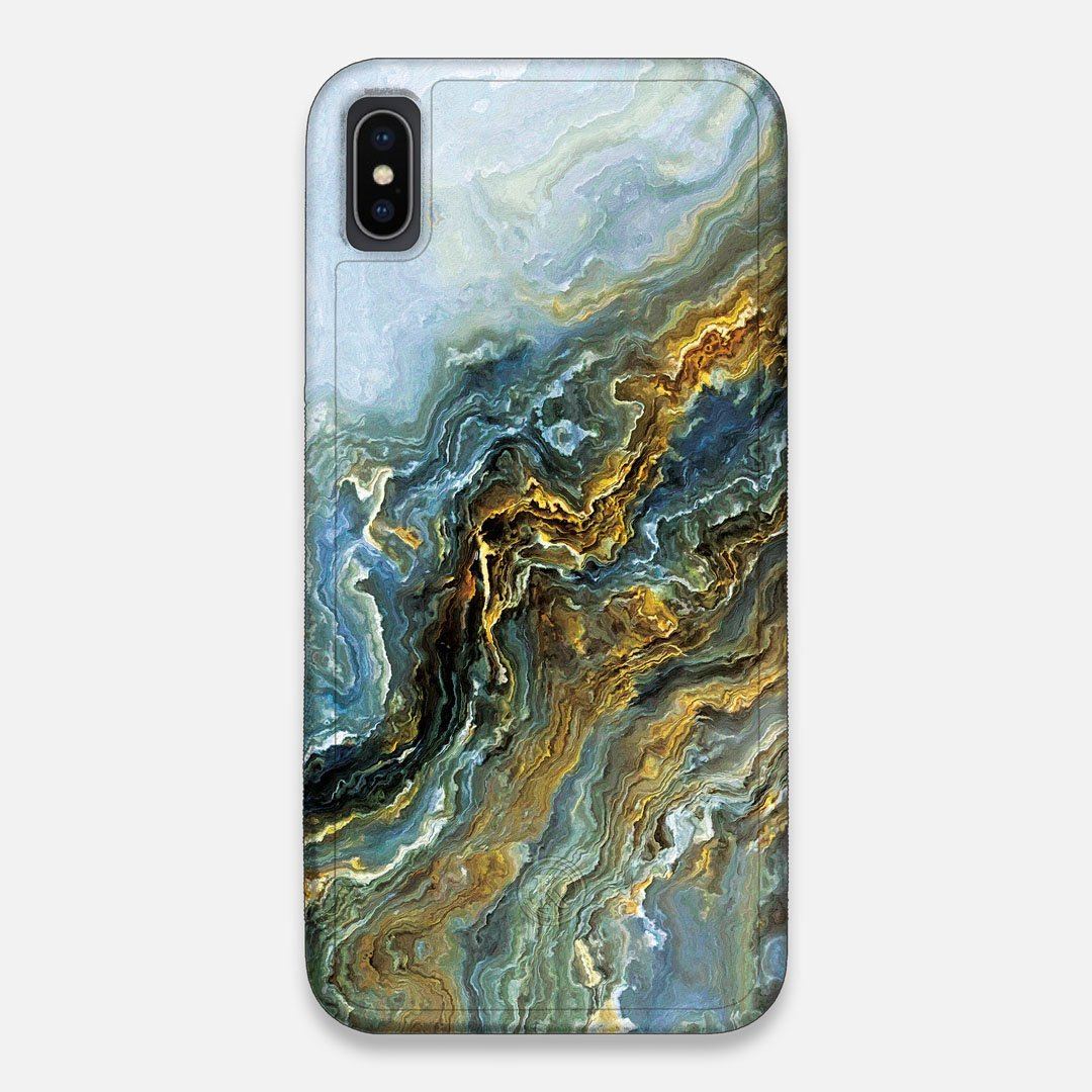 Front view of the vibrant and rich Blue & Gold flowing marble pattern printed Wenge Wood iPhone XS Max Case by Keyway Designs