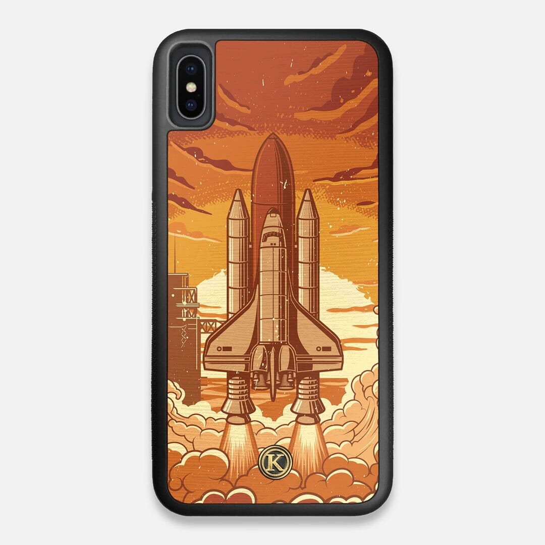 Front view of the vibrant stylized space shuttle launch print on Wenge wood iPhone XS Max Case by Keyway Designs