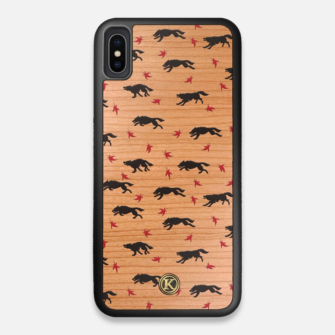 Front view of the unique pattern of wolves and Maple leaves printed on Cherry wood iPhone XS Max Case by Keyway Designs