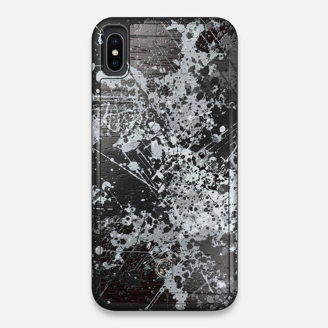 Front view of the aggressive, monochromatic splatter pattern overprintedprinted Wenge Wood iPhone XS Max Case by Keyway Designs