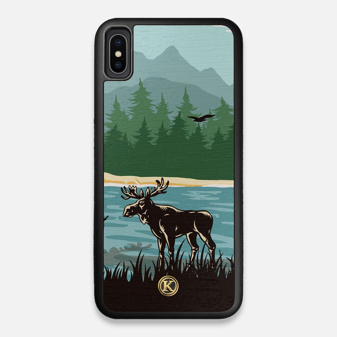 Front view of the stylized bull moose forest print on Wenge wood iPhone XS Max Case by Keyway Designs