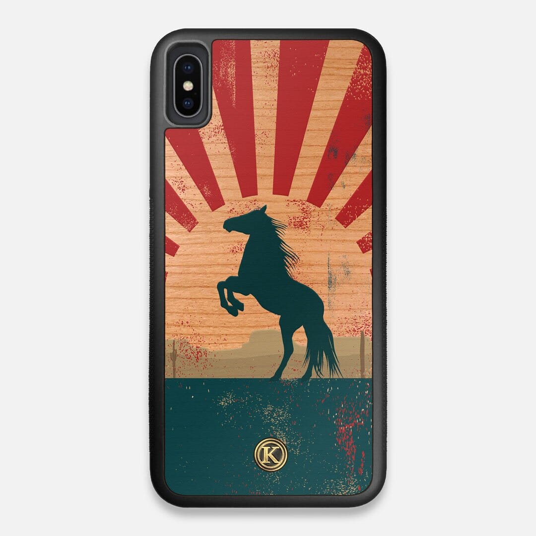 Front view of the epic mustang rearing up printed on Cherry wood iPhone XS Max Case by Keyway Designs