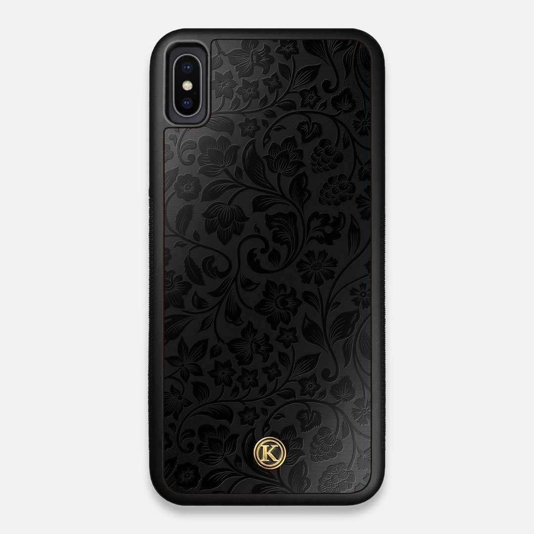 Front view of the highly detailed midnight floral engraving on matte black impact acrylic iPhone XS Max Case by Keyway Designs