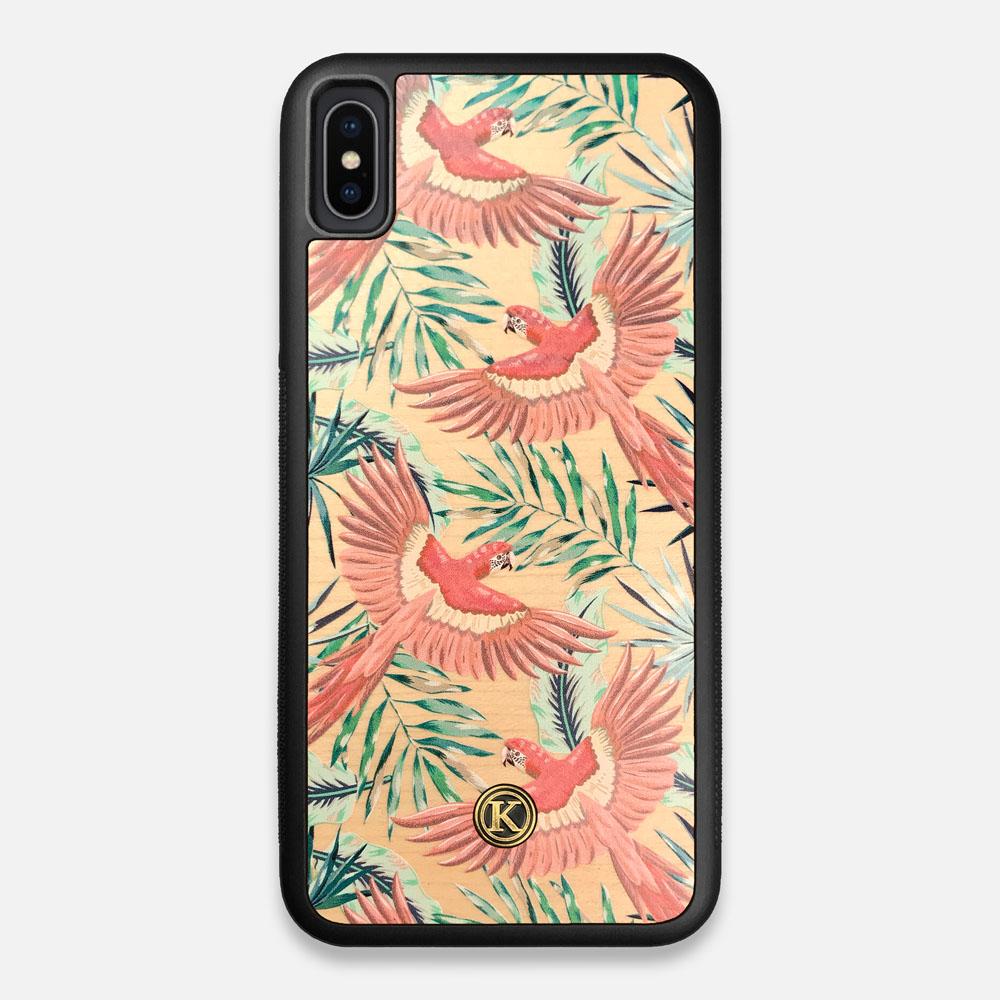 Front view of the Paradise Macaw and Tropical Leaf printed Maple Wood iPhone XS Max Case by Keyway Designs