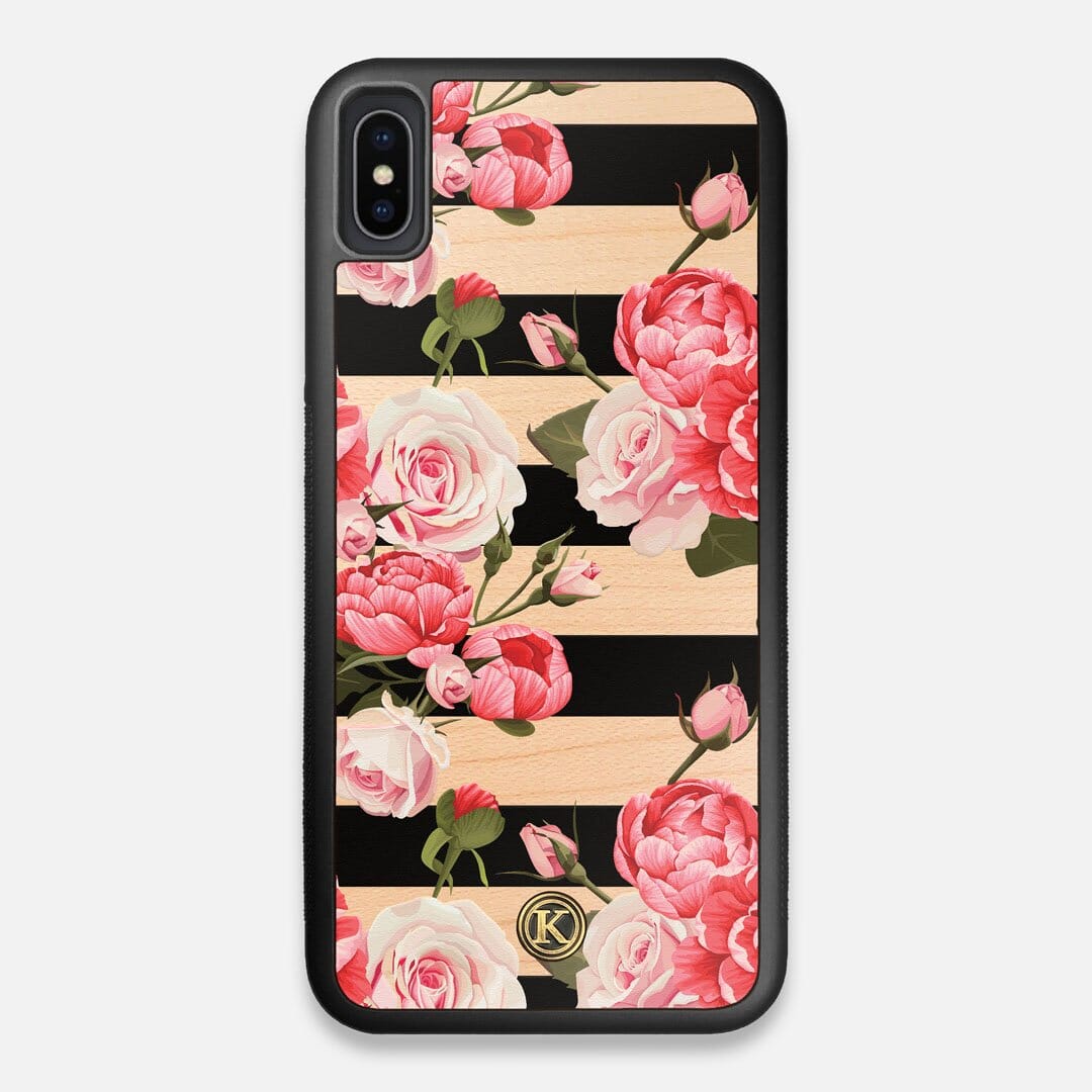 Front view of the artsy print of stripes with peonys and roses on Maple wood iPhone XS Max Case by Keyway Designs