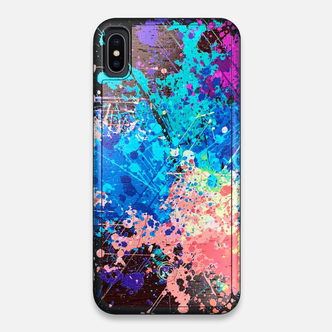 Front view of the realistic paint splatter 'Chroma' printed Wenge Wood iPhone XS Max Case by Keyway Designs