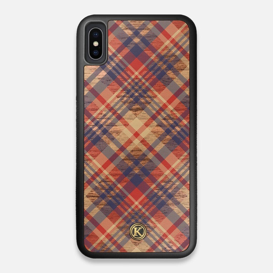 Front view of the Tartan print of beige, blue, and red on Walnut wood iPhone XS Max Case by Keyway Designs