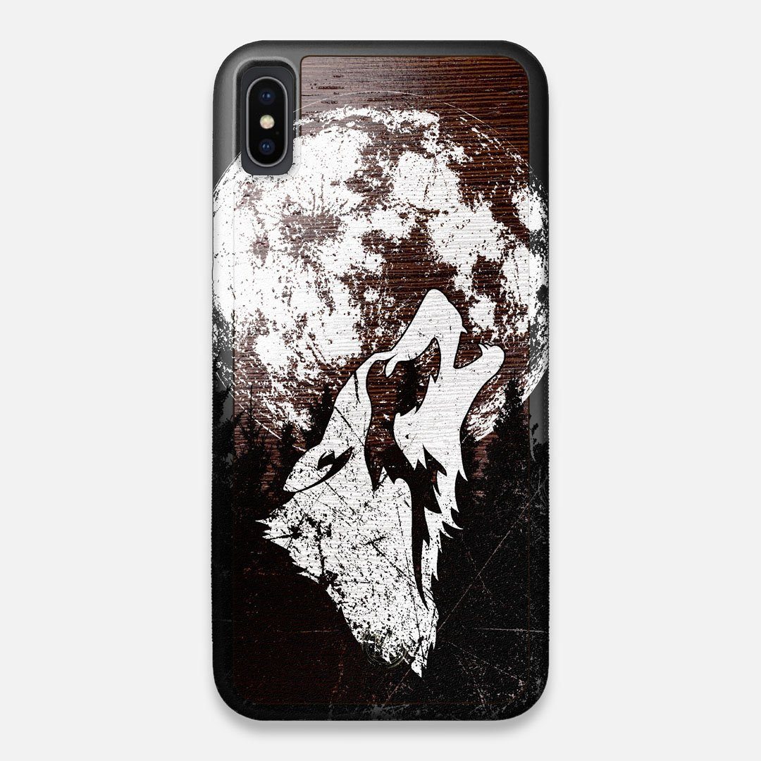 Front view of the high-contrast howling wolf on a full moon printed on a Wenge Wood iPhone XS Max Case by Keyway Designs