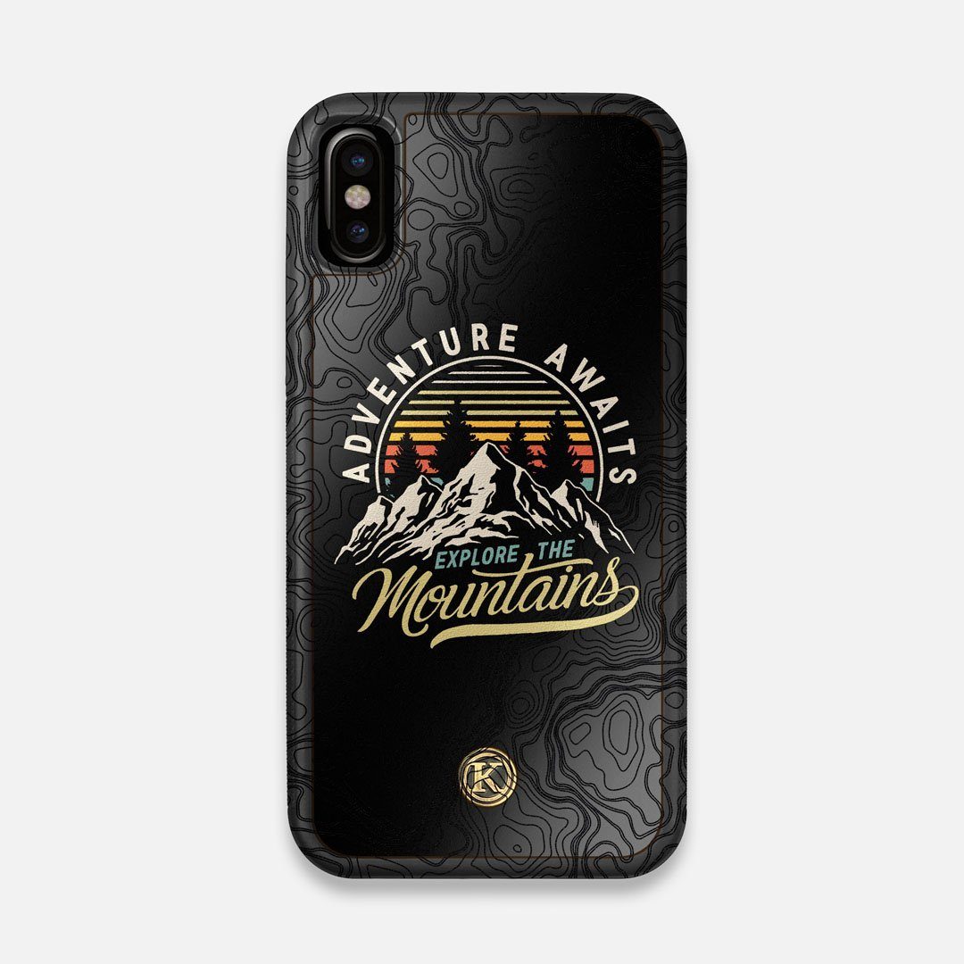 Front view of the crisp topographical map with Explorer badge printed on matte black impact acrylic iPhone X Case by Keyway Designs