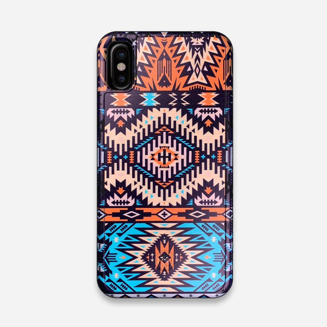 Front view of the vibrant Aztec printed Maple Wood iPhone X Case by Keyway Designs
