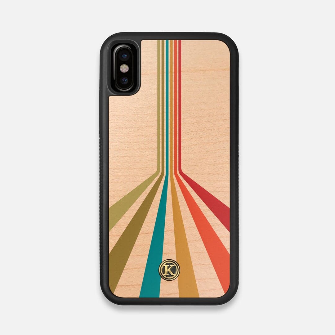 Front view of the array of colour beams splitting across the case printed on Maple wood iPhone X Case by Keyway Designs
