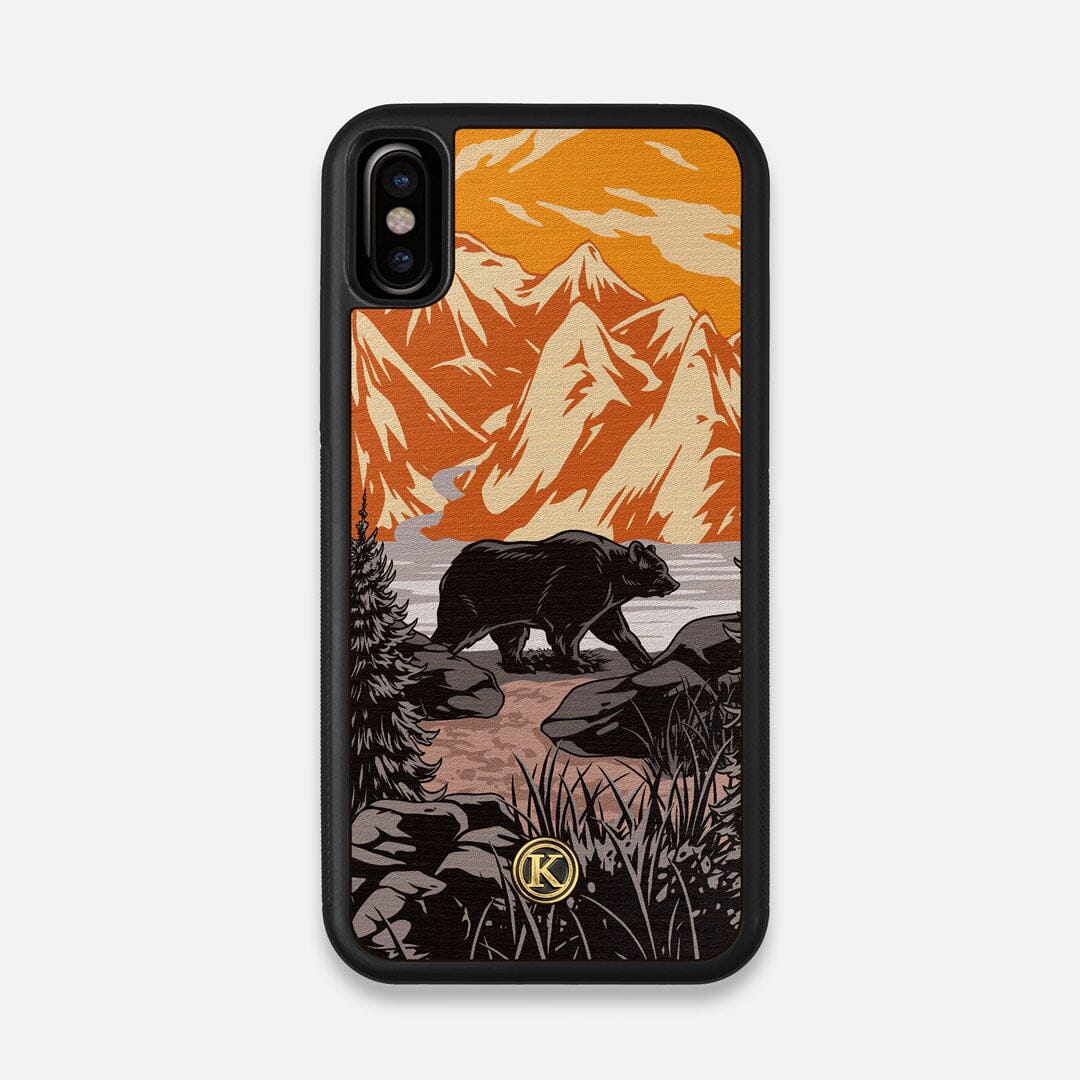 Front view of the stylized Kodiak bear in the mountains print on Wenge wood iPhone X Case by Keyway Designs