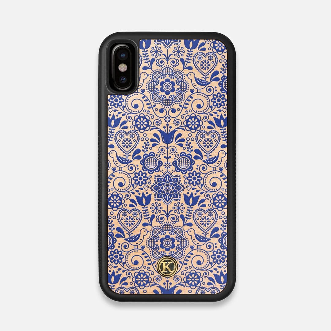 Front view of the blue floral pattern on maple wood iPhone X Case by Keyway Designs