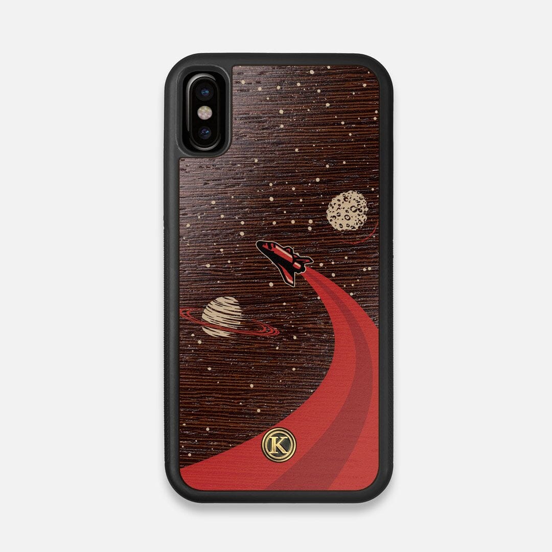 Front view of the stylized space shuttle boosting to saturn printed on Wenge wood iPhone X Case by Keyway Designs