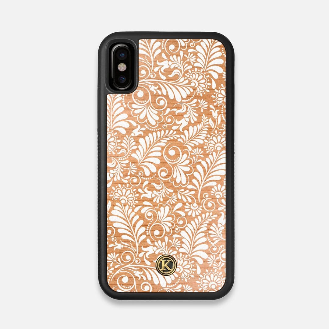 Front view of the white ink flowing botanical print on Cherry wood iPhone X Case by Keyway Designs