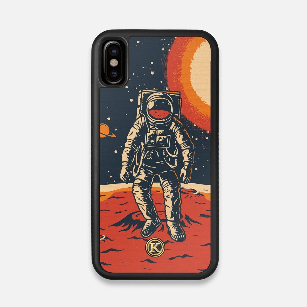 Front view of the stylized astronaut space-walk print on Cherry wood iPhone X Case by Keyway Designs
