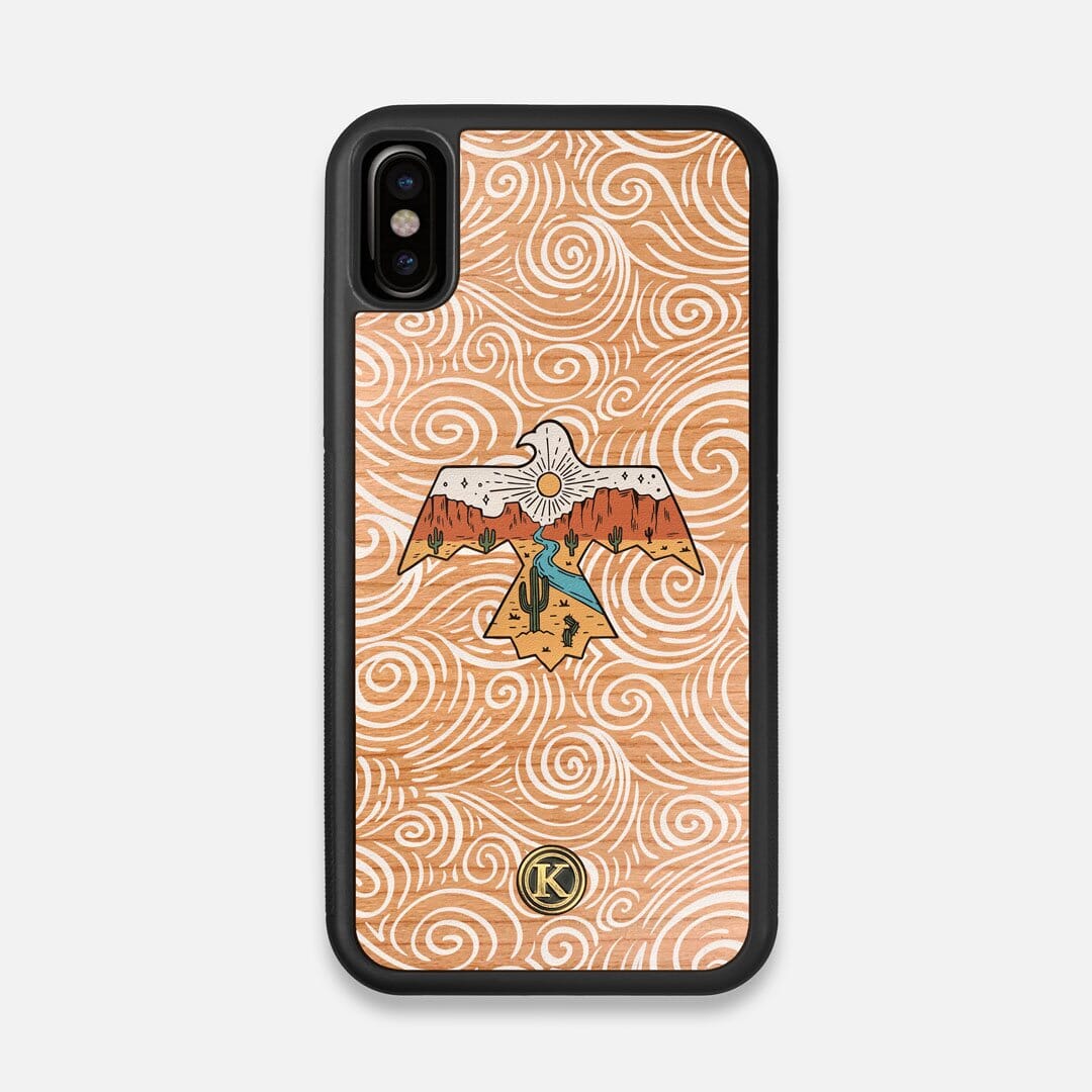 Front view of the double-exposure style eagle over flowing gusts of wind printed on Cherry wood iPhone X Case by Keyway Designs
