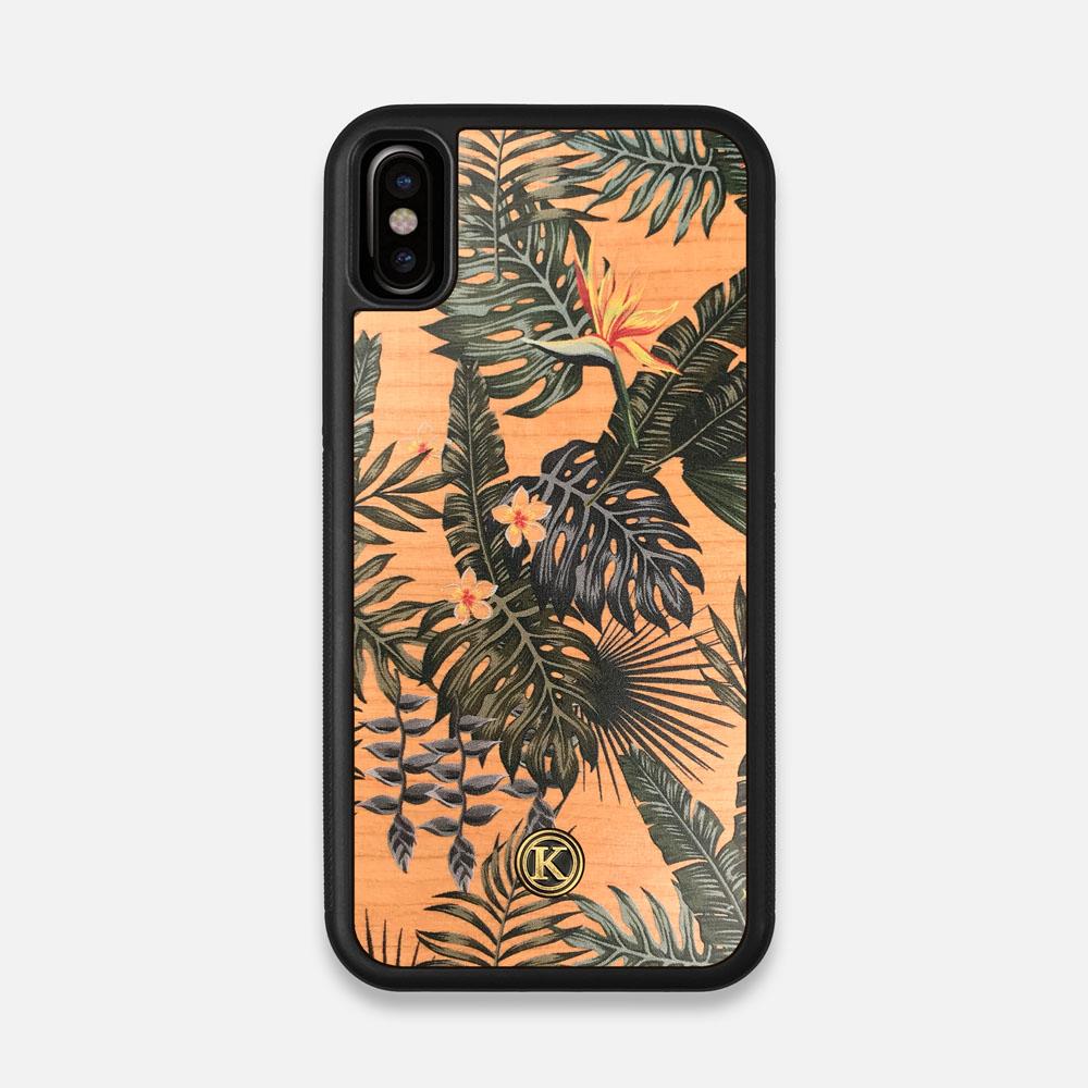 Front view of the Floral tropical leaf printed Cherry Wood iPhone X Case by Keyway Designs