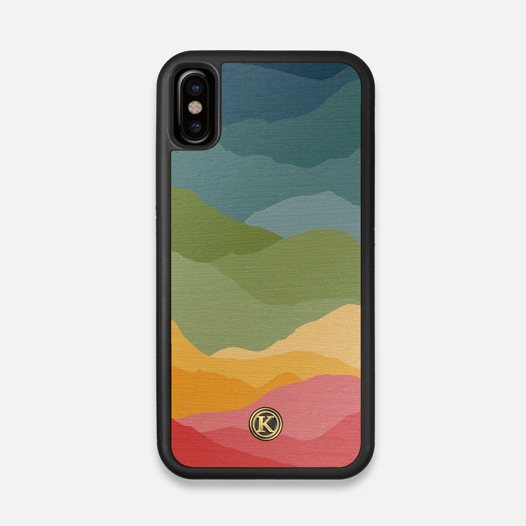 Front view of the vibrant flowing rainbow print on Wenge wood iPhone X Case by Keyway Designs