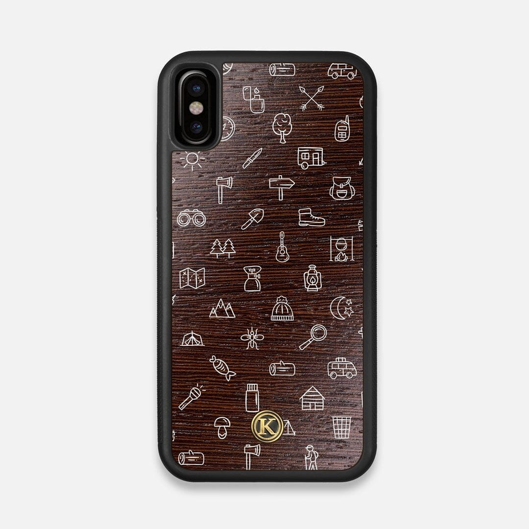 Front view of the fun detailed camping icon print on Wenge wood iPhone X Case by Keyway Designs