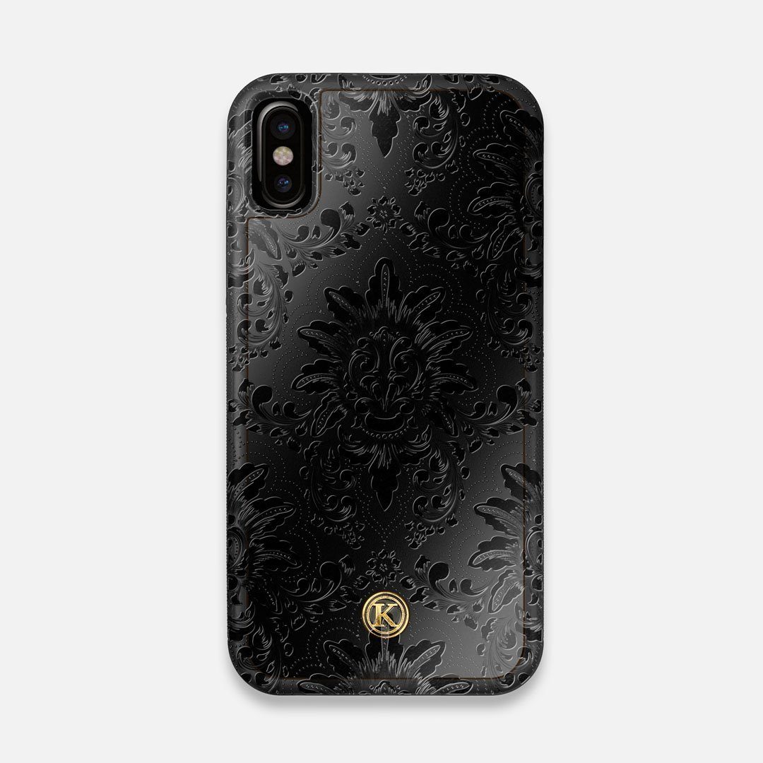 Front view of the detailed gloss Damask pattern printed on matte black impact acrylic iPhone X Case by Keyway Designs