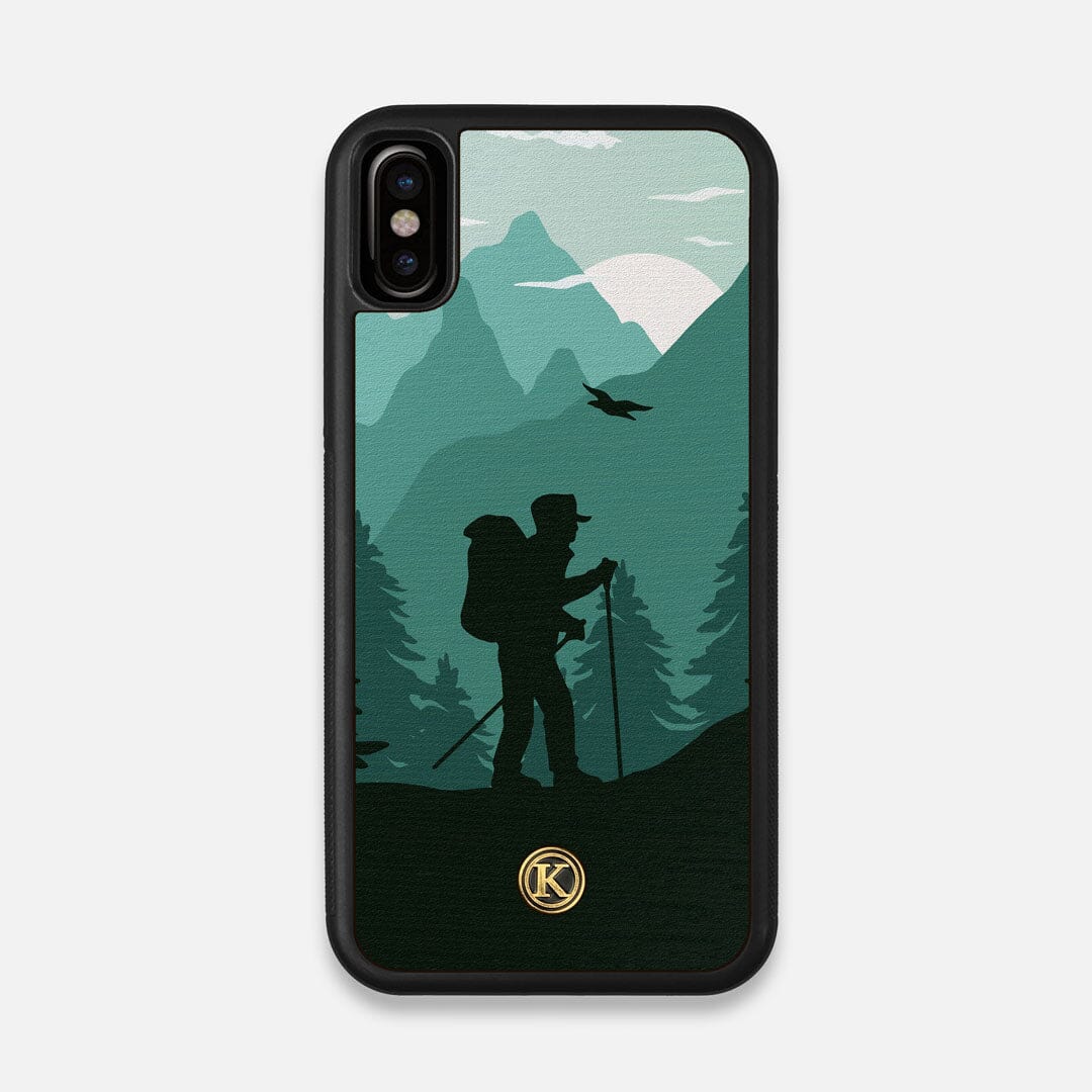 Front view of the stylized mountain hiker print on Wenge wood iPhone X Case by Keyway Designs