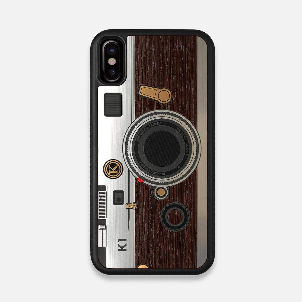 Front view of the classic Camera, silver metallic and wood iPhone X Case by Keyway Designs