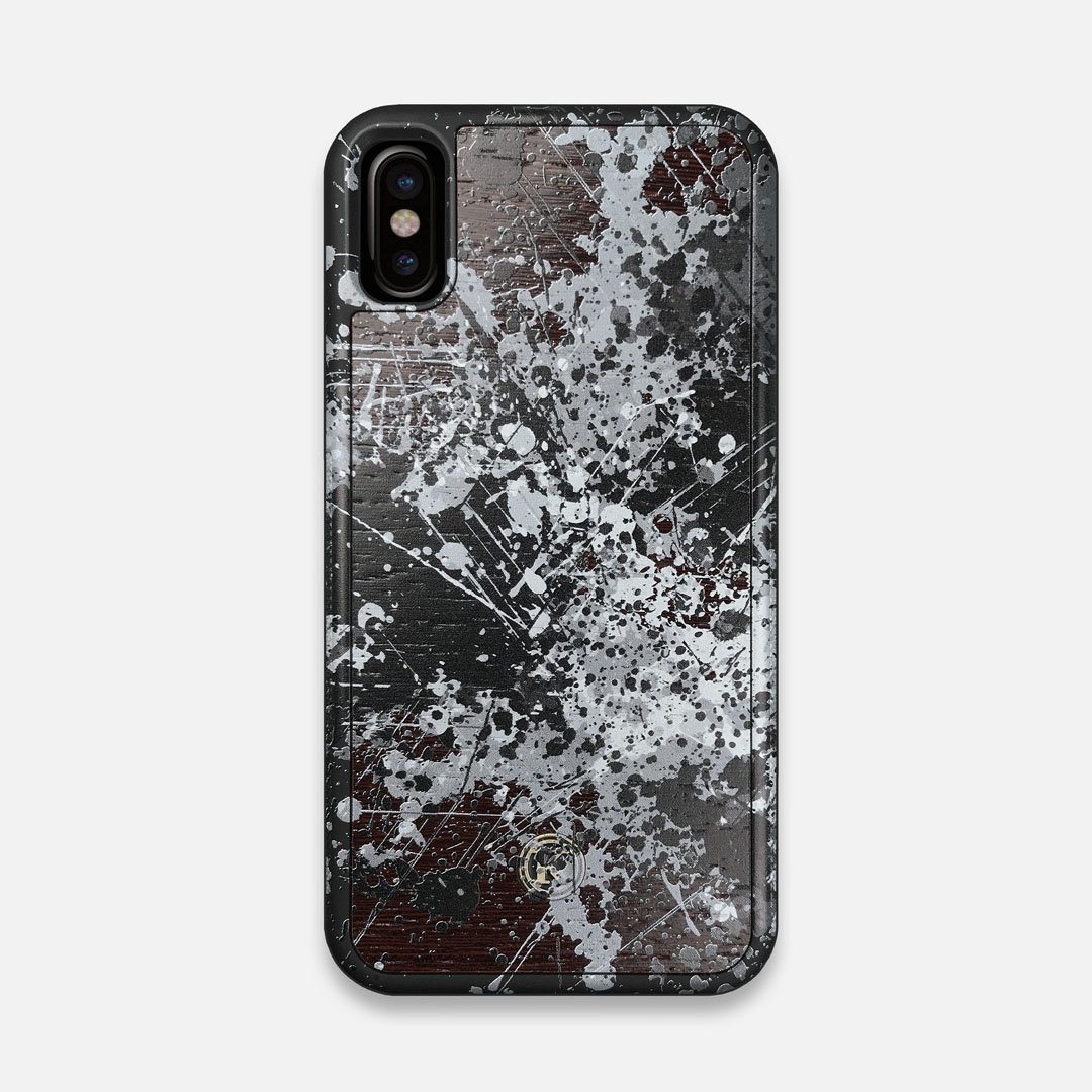Front view of the aggressive, monochromatic splatter pattern overprintedprinted Wenge Wood iPhone X Case by Keyway Designs