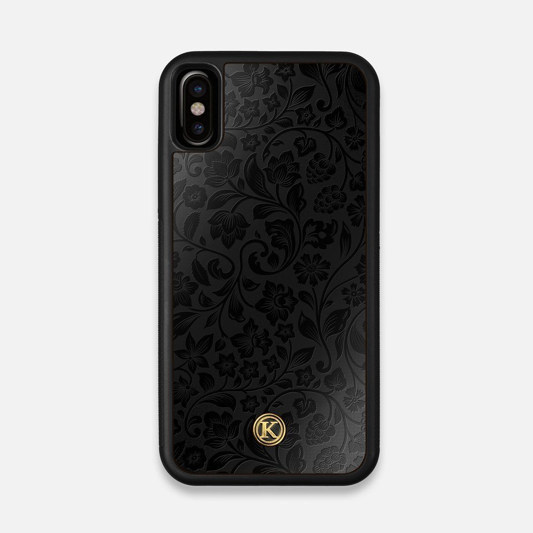 Front view of the highly detailed midnight floral engraving on matte black impact acrylic iPhone X Case by Keyway Designs