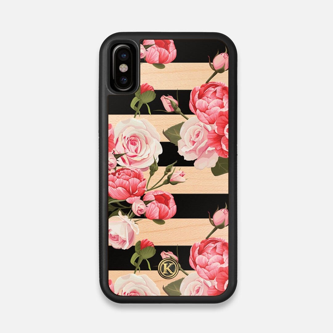 Front view of the artsy print of stripes with peonys and roses on Maple wood iPhone X Case by Keyway Designs