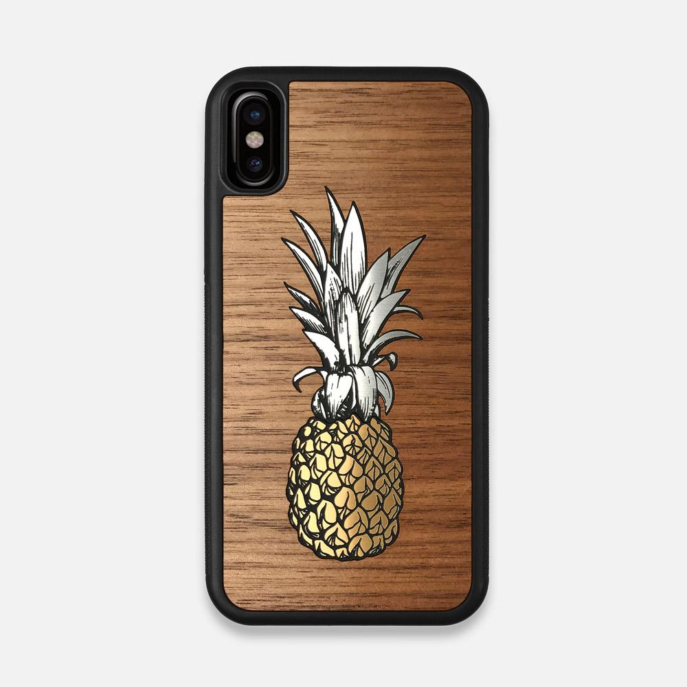 Front view of the Pineapple Walnut Wood iPhone X Case by Keyway Designs