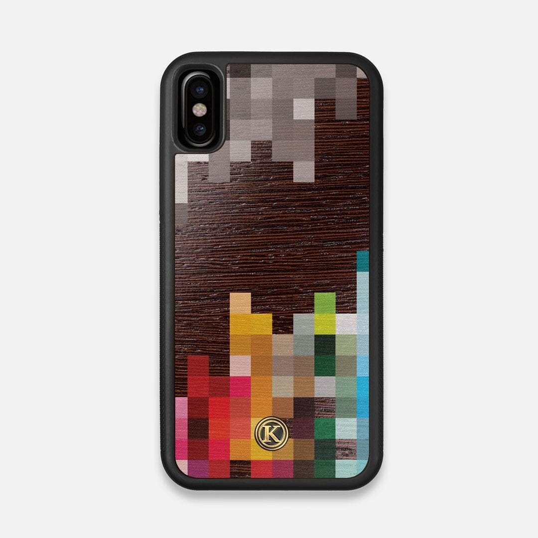 Front view of the digital art inspired pixelation design on Wenge wood iPhone X Case by Keyway Designs