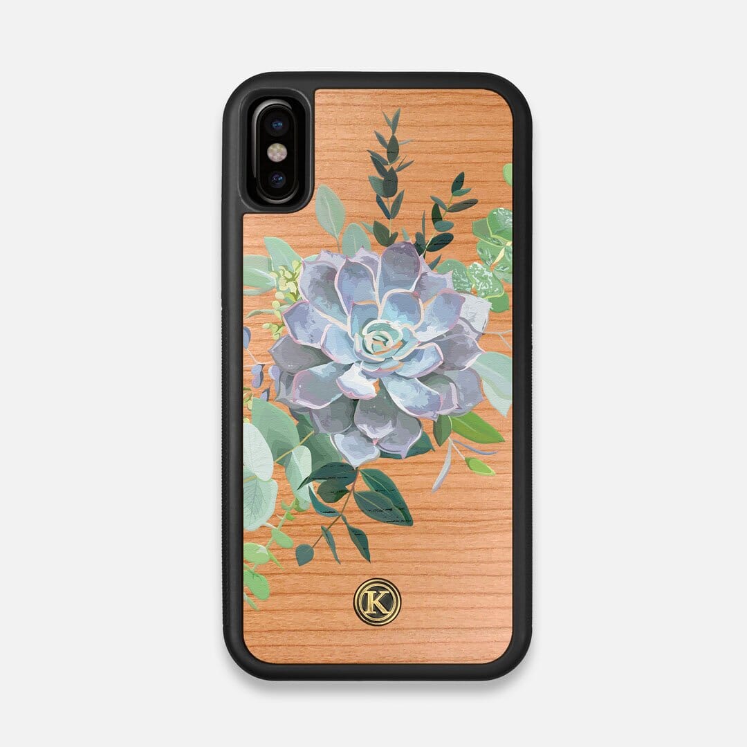 Front view of the print centering around a succulent, Echeveria Pollux on Cherry wood iPhone X Case by Keyway Designs