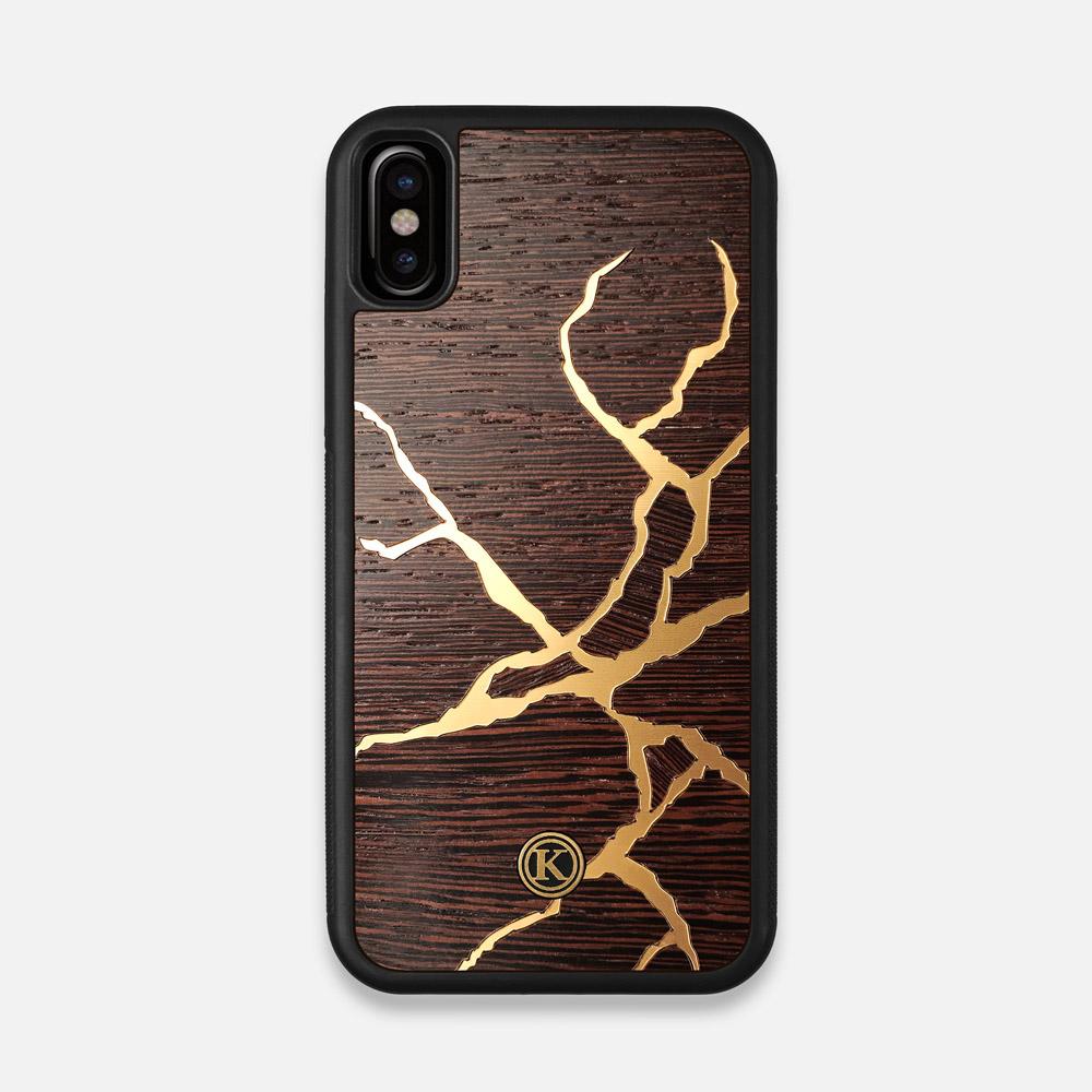 Front view of the Kintsugi inspired Gold and Wenge Wood iPhone X Case by Keyway Designs
