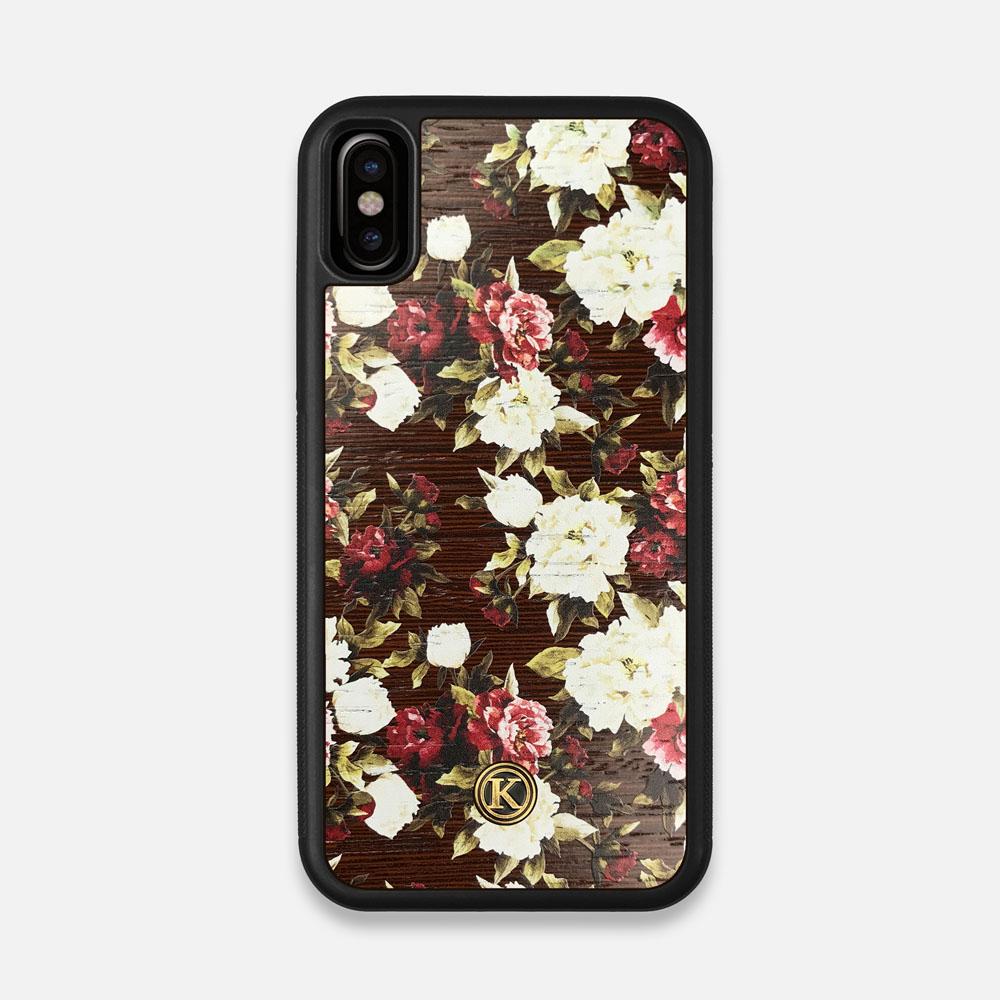 Front view of the Rose white and red rose printed Wenge Wood iPhone X Case by Keyway Designs