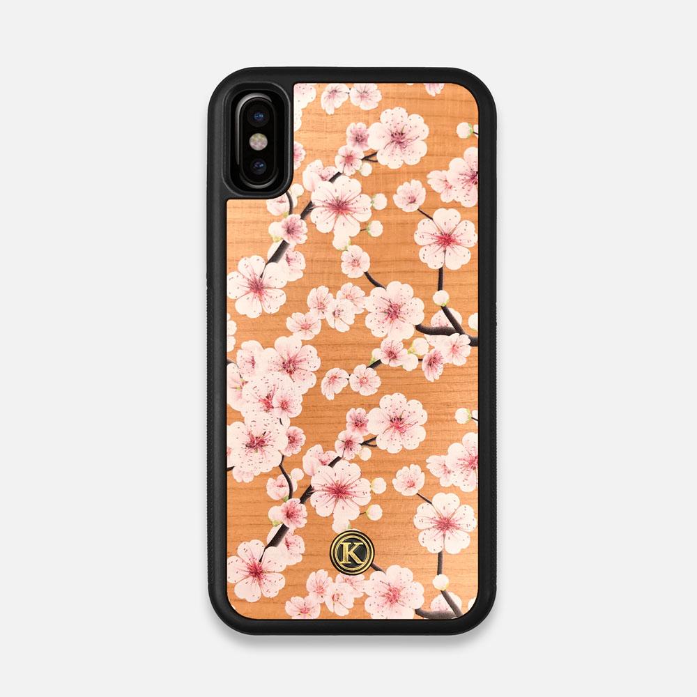 Front view of the Sakura Printed Cherry-blossom Cherry Wood iPhone X Case by Keyway Designs