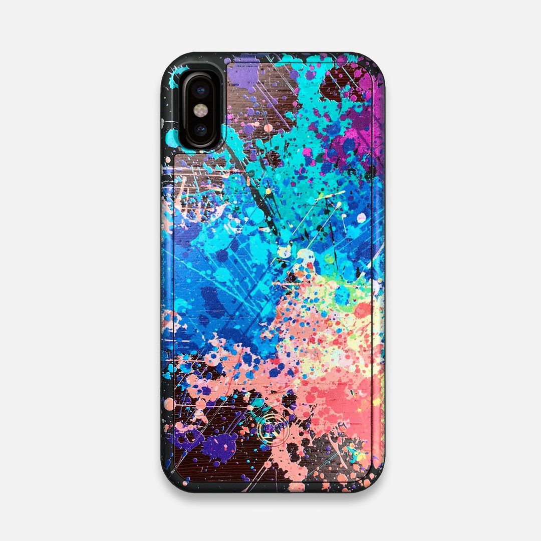 Front view of the realistic paint splatter 'Chroma' printed Wenge Wood iPhone X Case by Keyway Designs