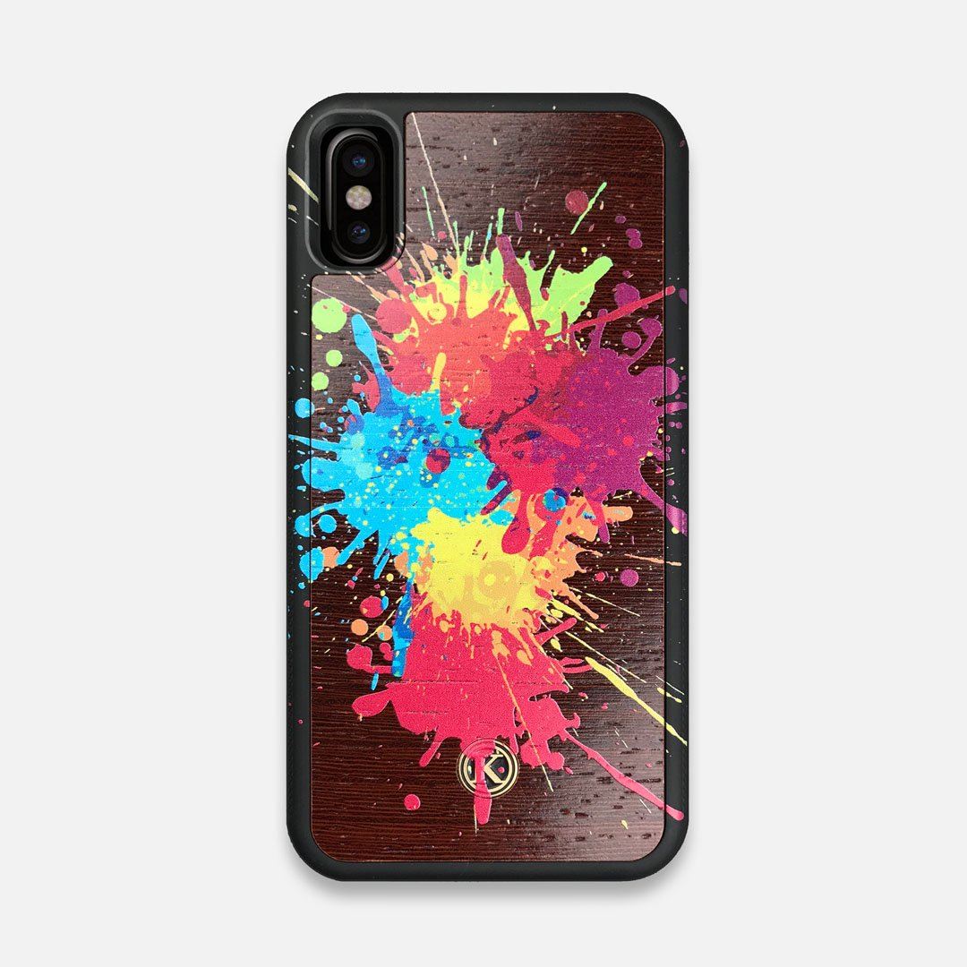 Front view of the illustration-style paint drops printed Wenge Wood iPhone X Case by Keyway Designs