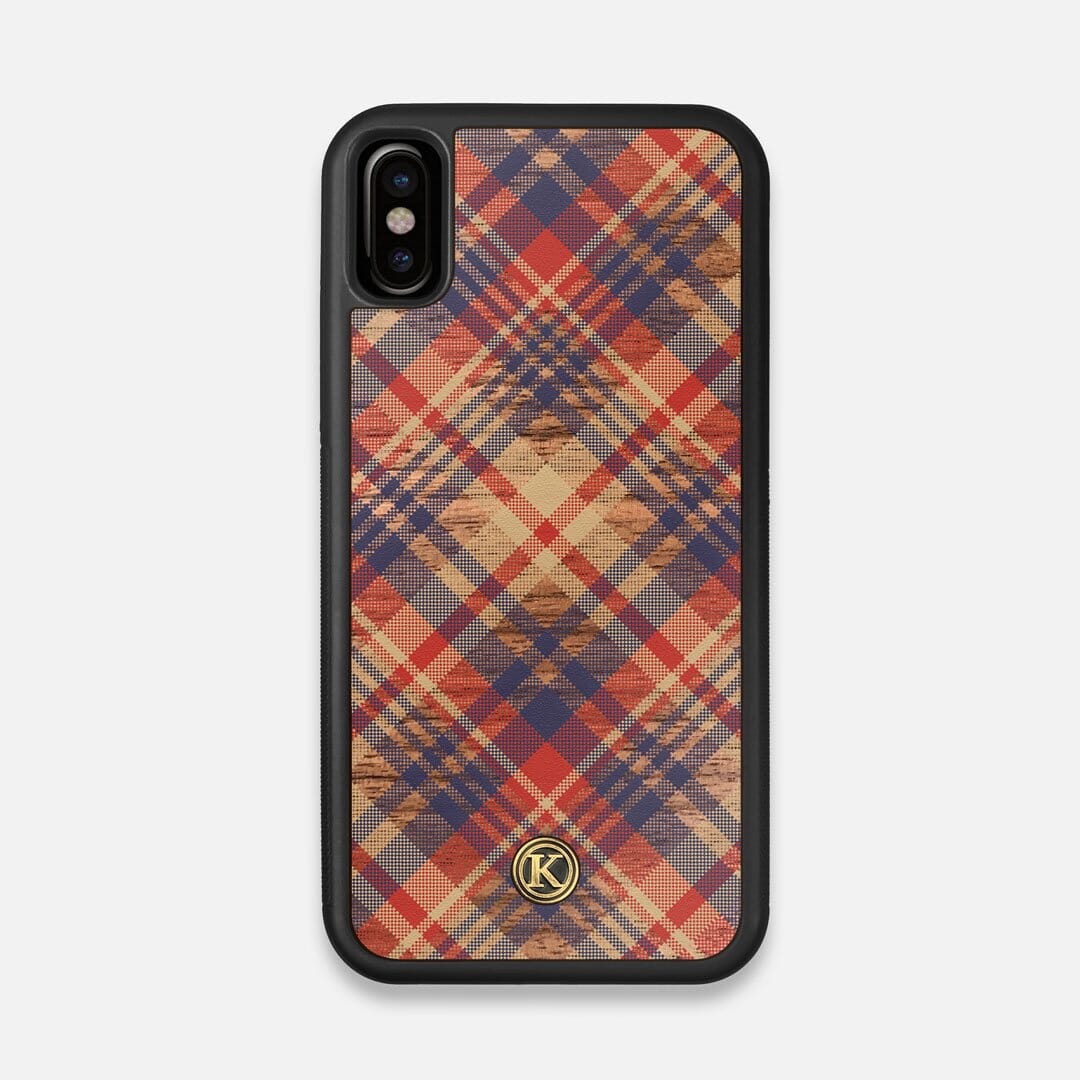 Front view of the Tartan print of beige, blue, and red on Walnut wood iPhone X Case by Keyway Designs