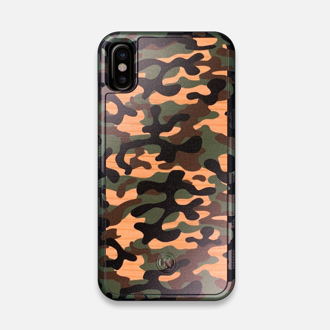Front view of the stealth Paratrooper camo printed Wenge Wood iPhone X Case by Keyway Designs