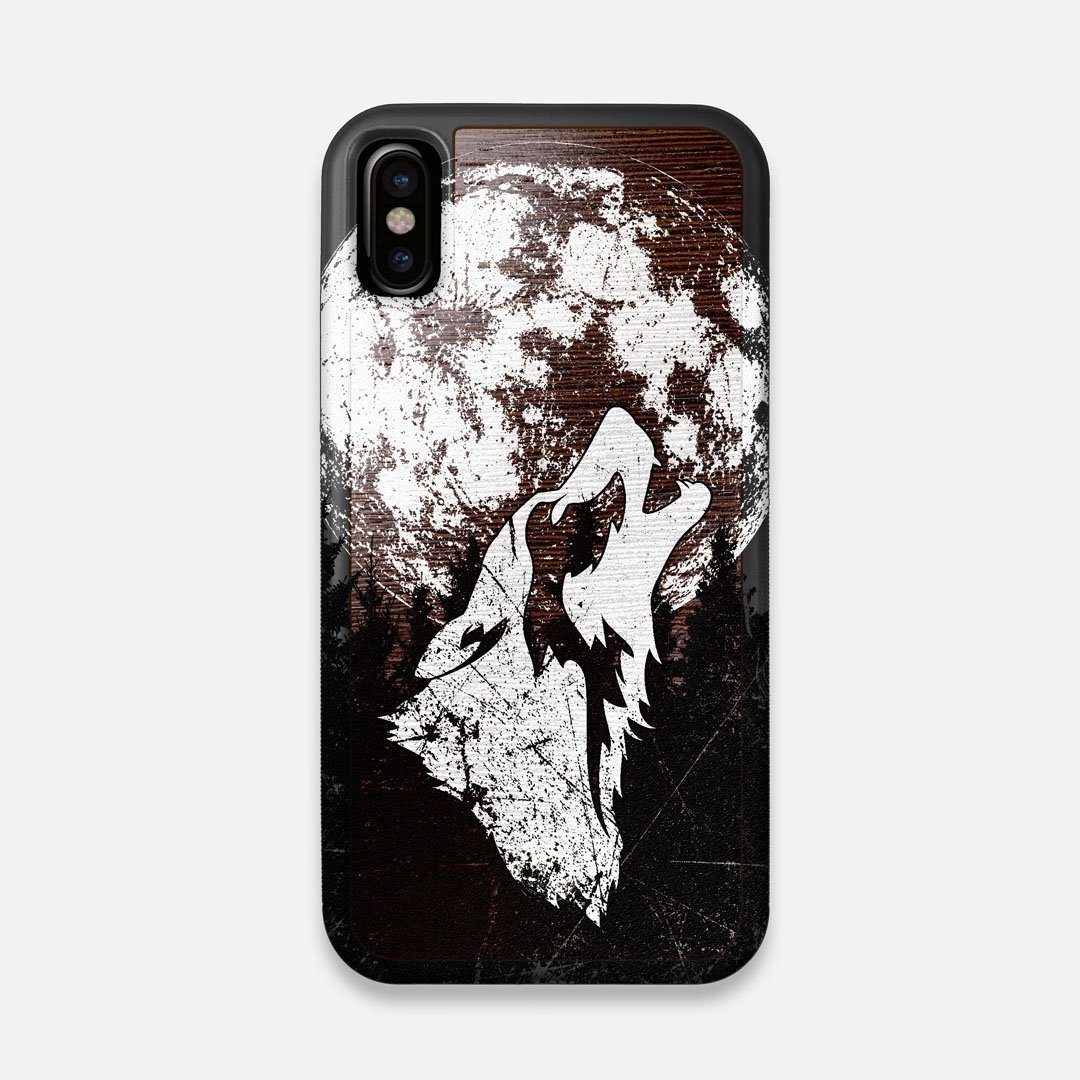 Front view of the high-contrast howling wolf on a full moon printed on a Wenge Wood iPhone X Case by Keyway Designs